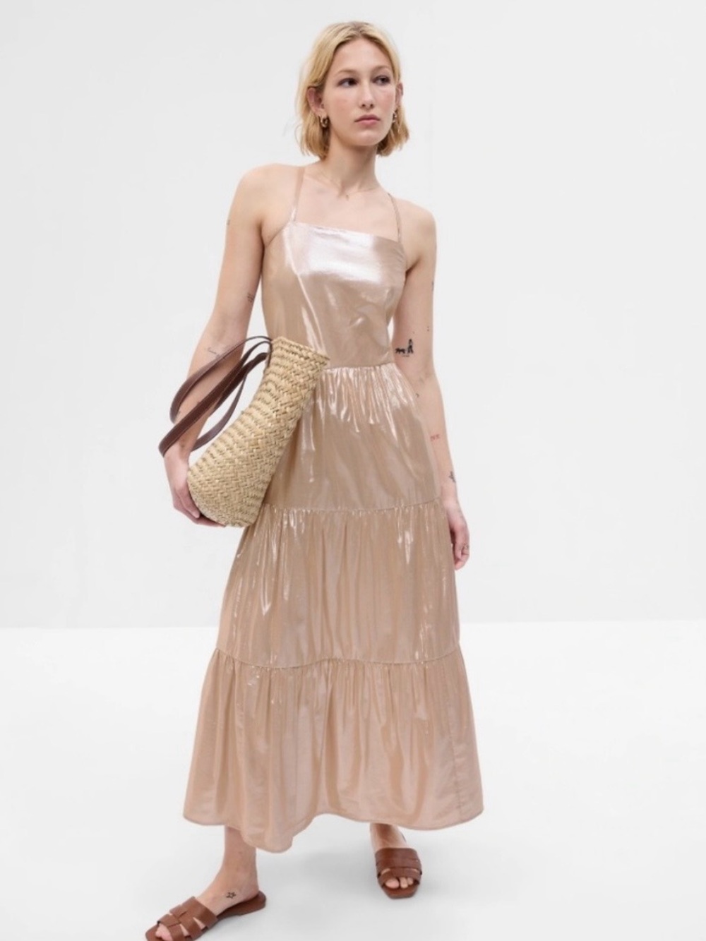 GAP Metallic Tie-Back Tiered Maxi Dress in Shimmery Beige